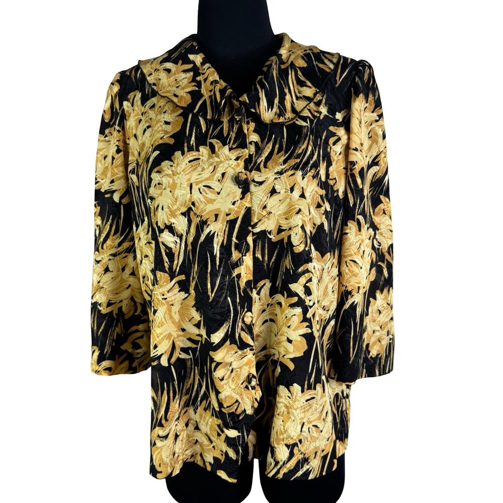 Vintage 80s 90s The Dressmaker Black Gold Palm Print Blouse Tropical Satin L
